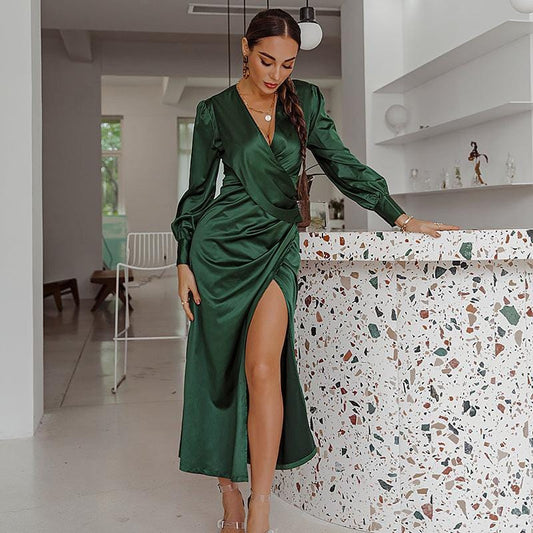 Robe midi en satin vert foncé à col en V Ibiza Vibe