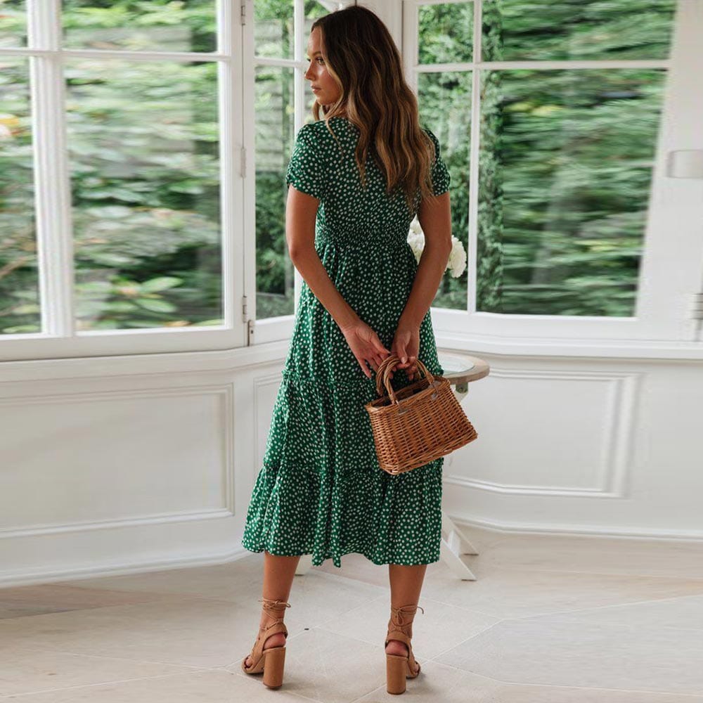 Robe midi verte bohème à manches courtes Ibiza Vibe