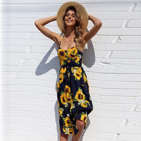 Robe noire à bretelles fines et fleurs style bohème Ibiza Vibe