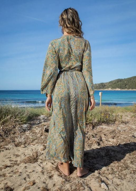 Robe portefeuille imprimée verte bohème style bohème Ibiza Vibe