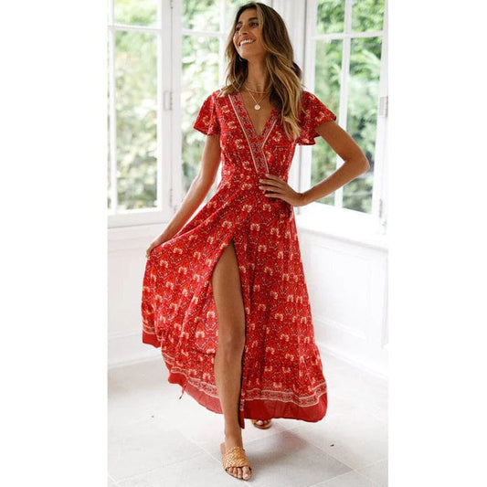 Robe rouge bohème à fente haute Ibiza Vibe