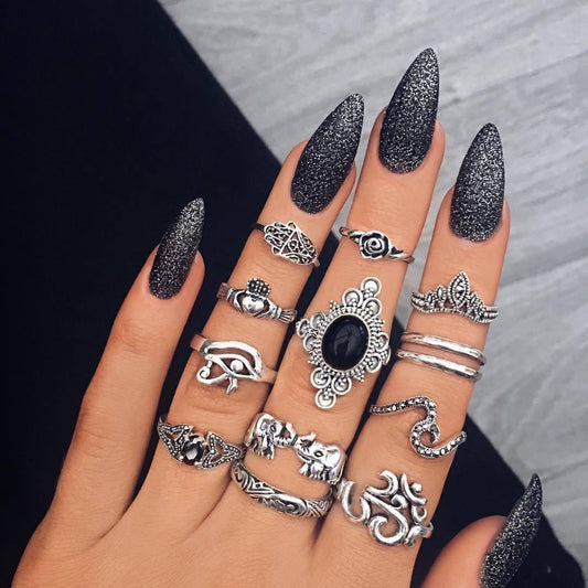 Bagues en argent serties de pierres noires et d'éléphants Ibiza Vibe