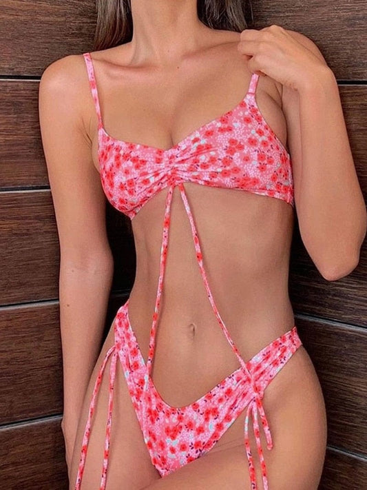 Bikini bohème rose à imprimé floral Ibiza Vibe