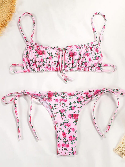 Bikini bohème sexy à imprimé floral rose Ibiza Vibe