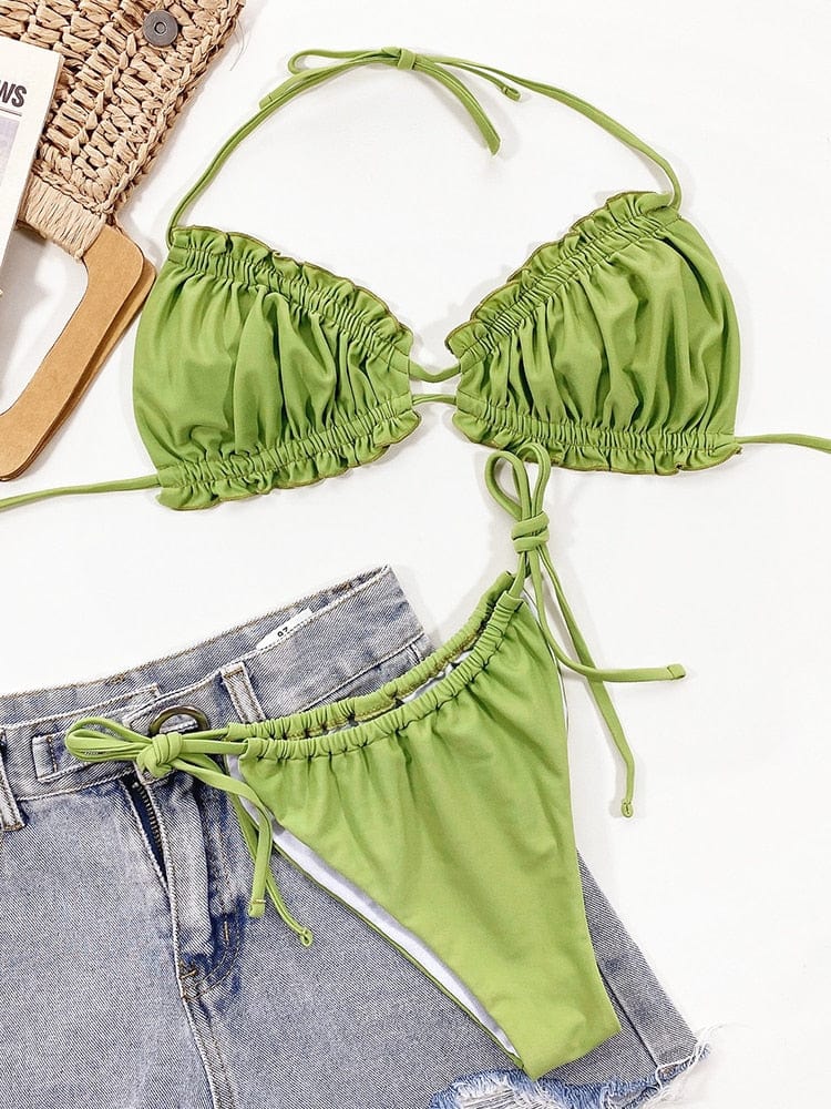 Bikini bohème vert à volants et cols Ibiza Vibe