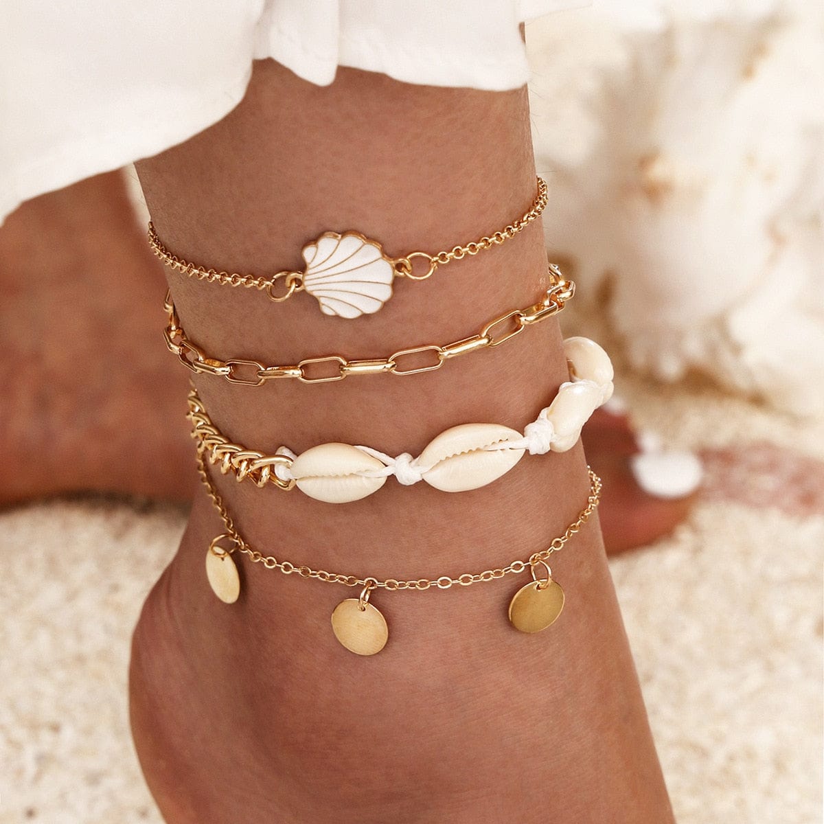 Ensemble de bracelets de cheville en or avec breloques coquillages Ibiza Vibe
