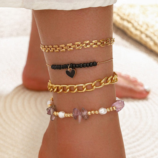 Ensemble de bracelets de cheville en or avec perles noires et cristaux Ibiza Vibe