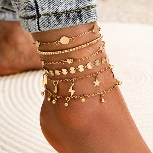 Ensemble de bracelets de cheville étoiles dorées et éclairs Ibiza Vibe