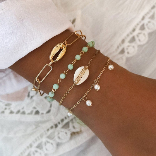 Ensemble de bracelets en or avec breloques coquillages Ibiza Vibe