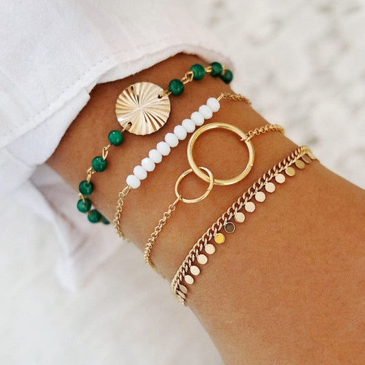 Ensemble de bracelets en or avec breloques vertes et rondes Ibiza Vibe