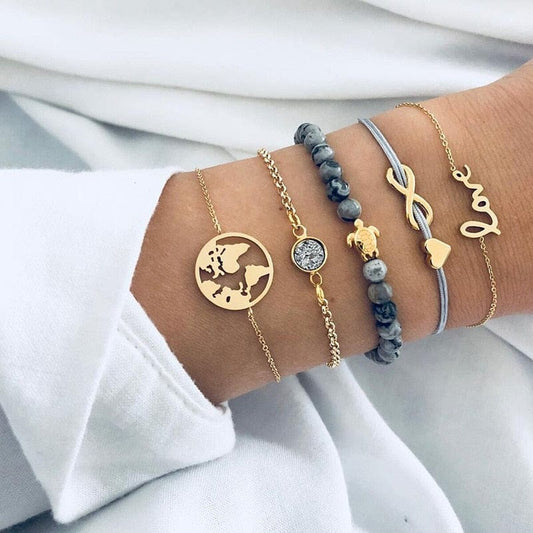 Ensemble de bracelets gris aux tons dorés et breloque Love Ibiza Vibe
