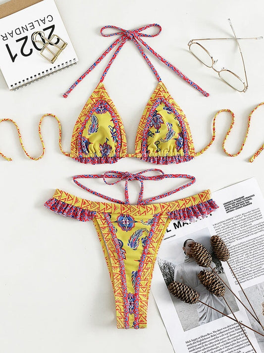 Magnifique bikini jaune bohème à imprimé bohème Ibiza Vibe
