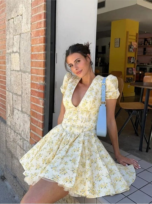 Mini-robe fleurie jaune à col en V Ibiza Vibe