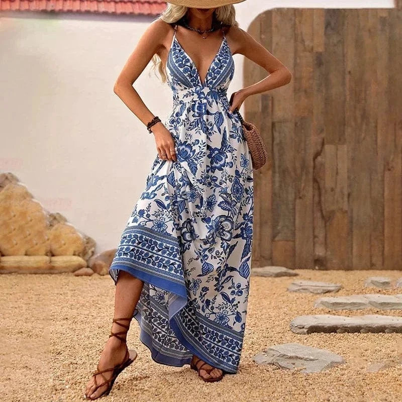 Robe à bretelles spaghetti avec imprimé floral bleu Ibiza Vibe