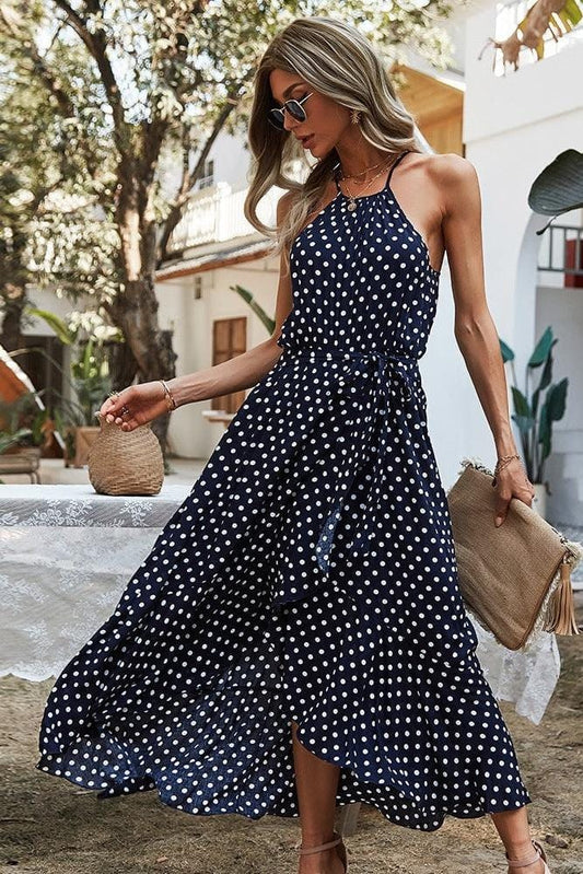 Robe bohème à pois et bretelles spaghetti Ibiza Vibe