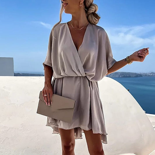 Robe bohème beige festive à col en V Ibiza Vibe