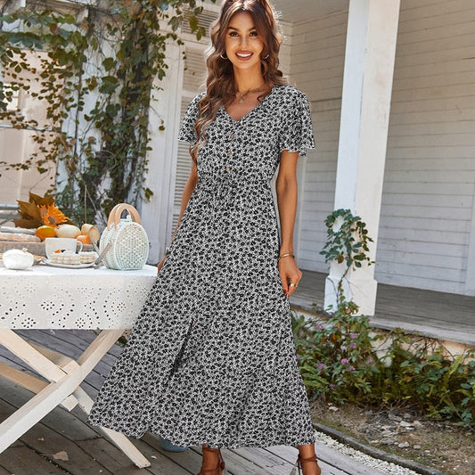 Robe bohème blanche à col en V et imprimé fendu Ibiza Vibe
