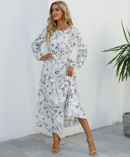 Robe bohème blanche festive à imprimé floral mi-longue Ibiza Vibe