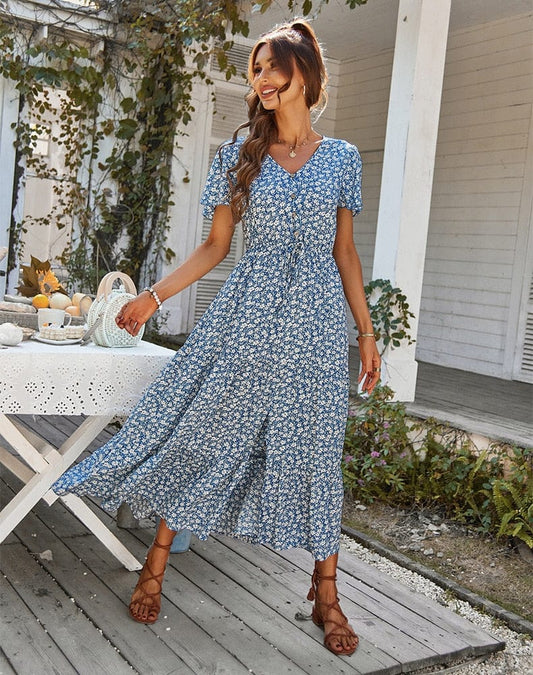 Robe bohème bleu clair à col en V et imprimé fendu Ibiza Vibe
