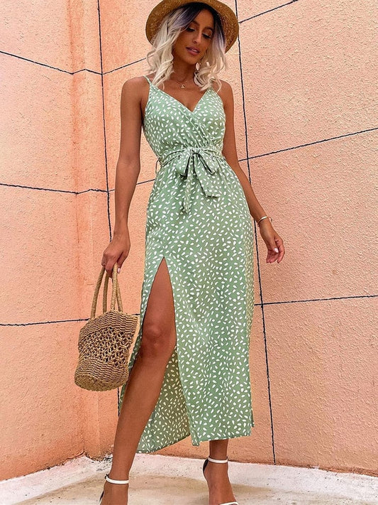 Robe bohème bohème vert clair à col en V et pois Ibiza Vibe