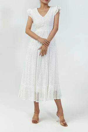 Robe bohème en dentelle blanche avec col en V Ibiza Vibe