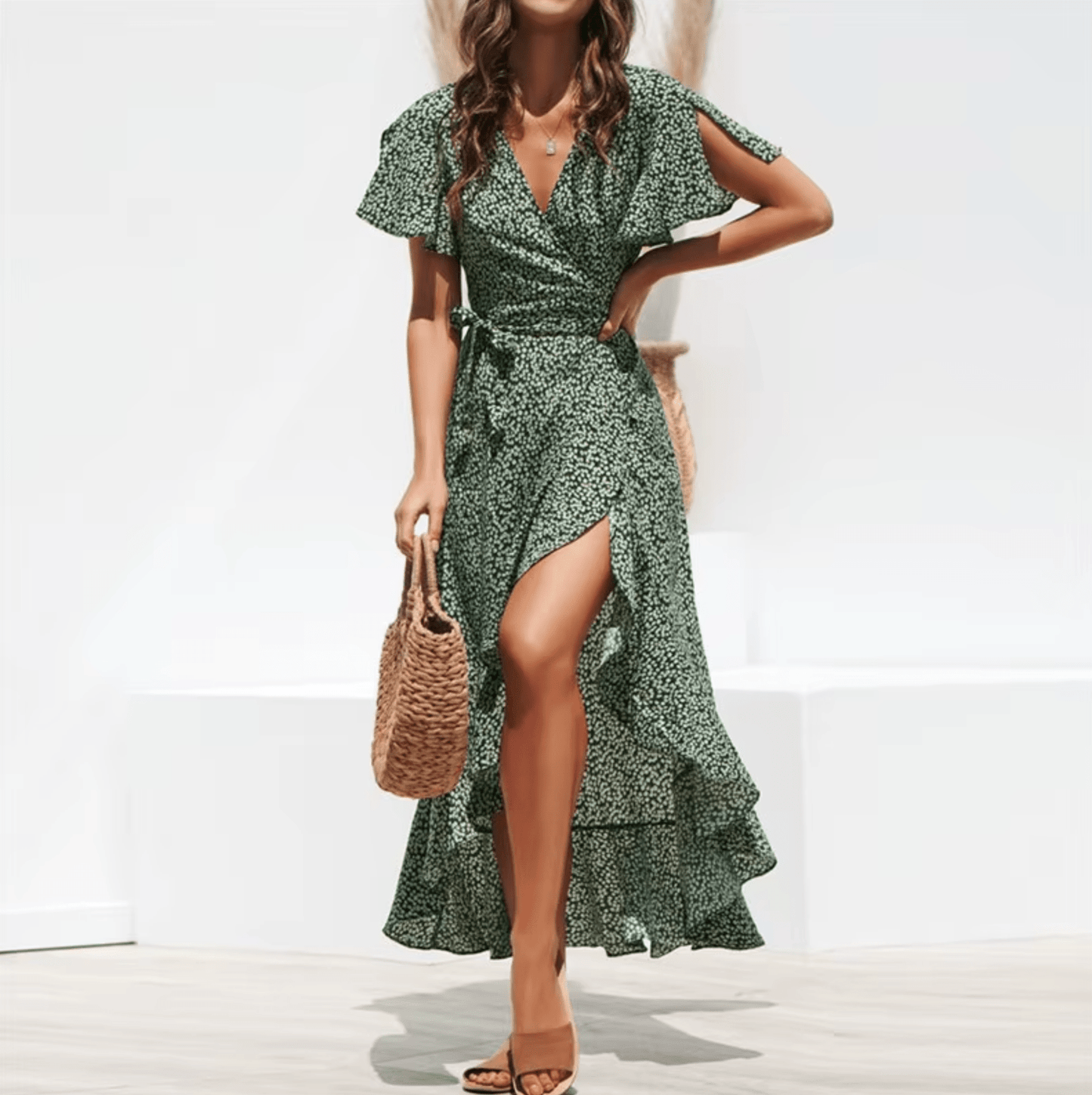 Robe bohème fleurie verte à manches courtes Ibiza Vibe