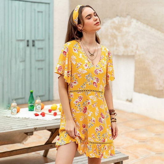 Robe bohème jaune à imprimé floral Ibiza Vibe