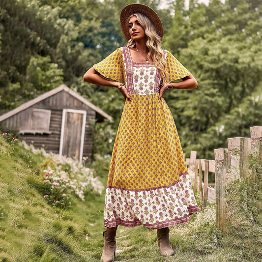 Robe bohème jaune à imprimé style hippie Ibiza Vibe