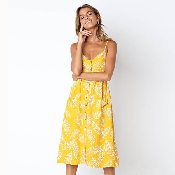 Robe bohème jaune à imprimé végétal blanc Ibiza Vibe