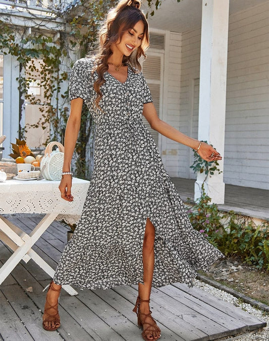 Robe bohème noire à col en V et imprimé fendu Ibiza Vibe