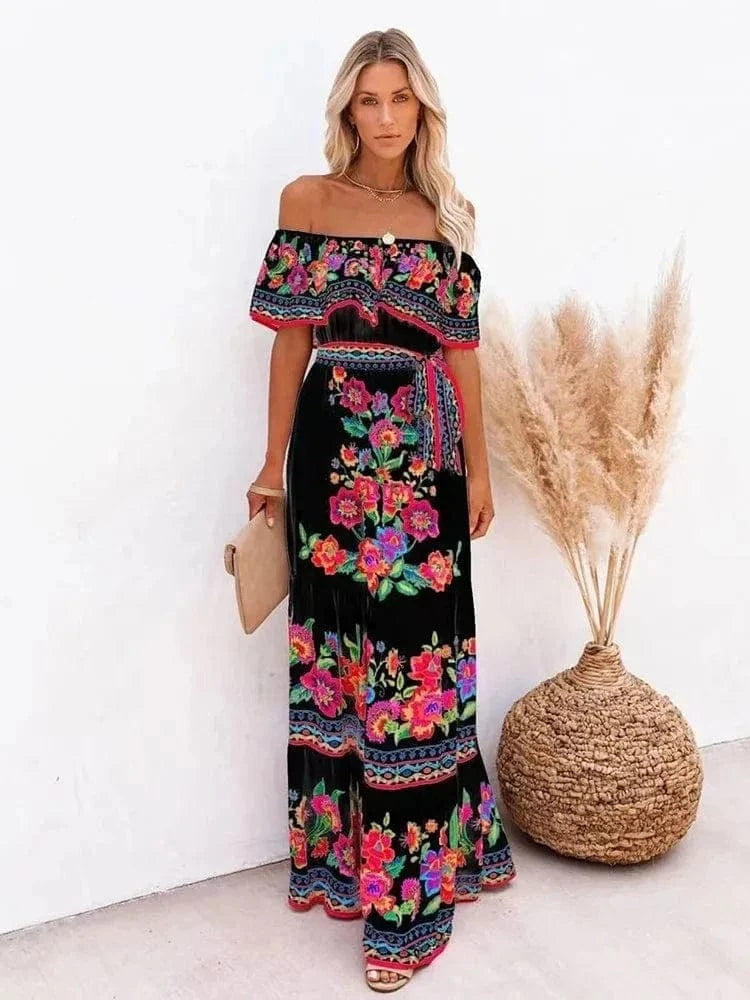 Robe bohème noire à imprimé floral Ibiza Vibe