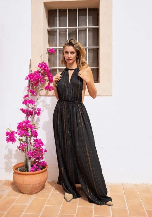 Robe bohème noire chic à col en V Ibiza Vibe