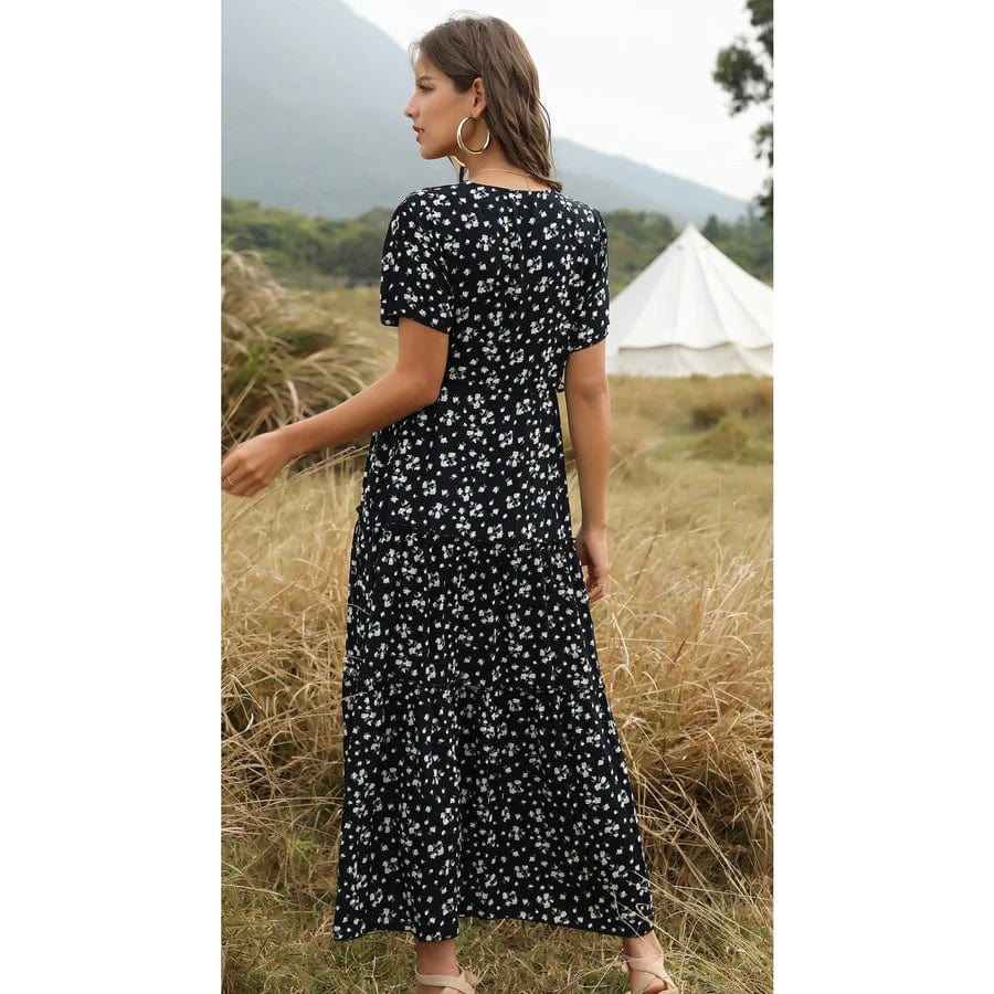 Robe bohème noire vintage à col en V Ibiza Vibe