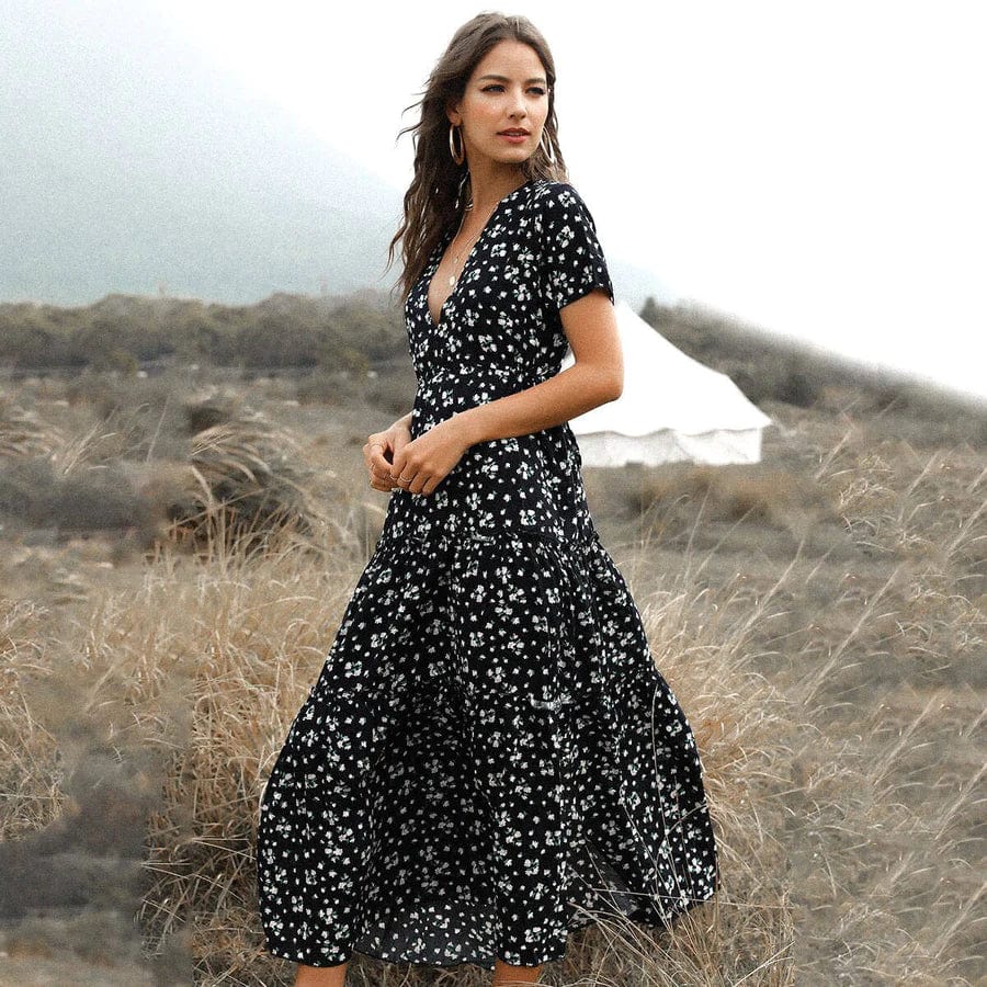 Robe bohème noire vintage à col en V Ibiza Vibe