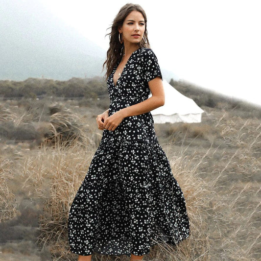 Robe bohème noire vintage à col en V Ibiza Vibe