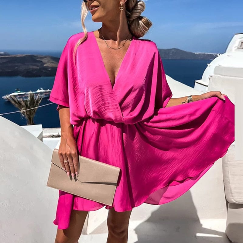 Robe bohème rose festive à col en V Ibiza Vibe