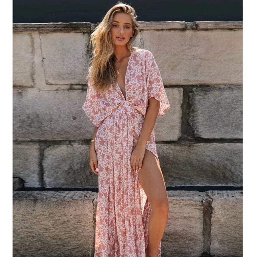 Robe bohème rose poudré à imprimé Ibiza Vibe