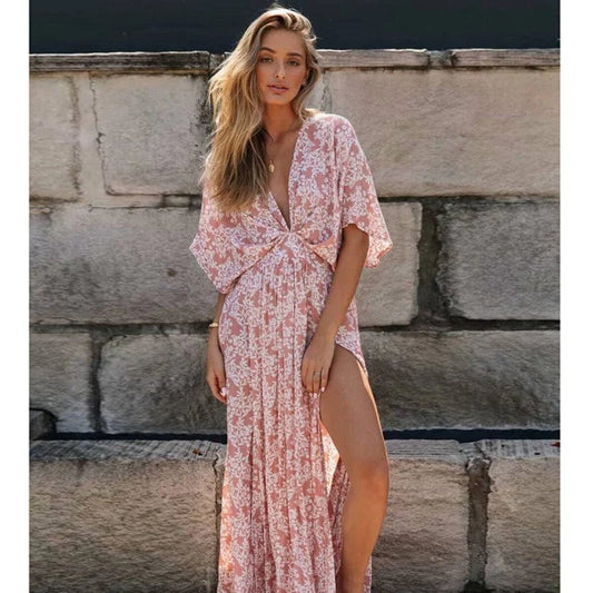 Robe bohème rose poudré à imprimé Ibiza Vibe
