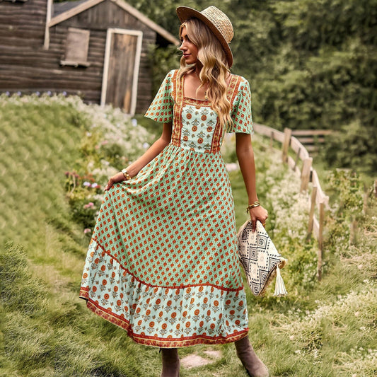 Robe bohème verte à imprimé style hippie Ibiza Vibe