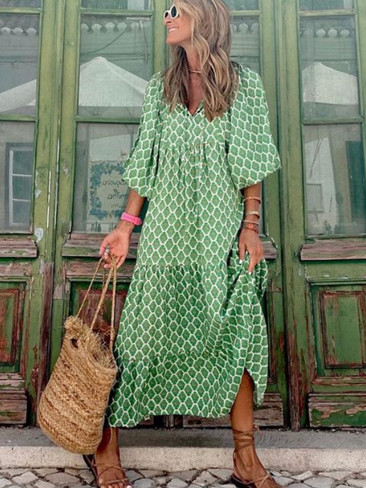 Robe bohème verte à manches longues imprimées Ibiza Vibe