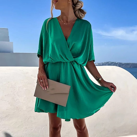 Robe bohème verte festive à col en V Ibiza Vibe
