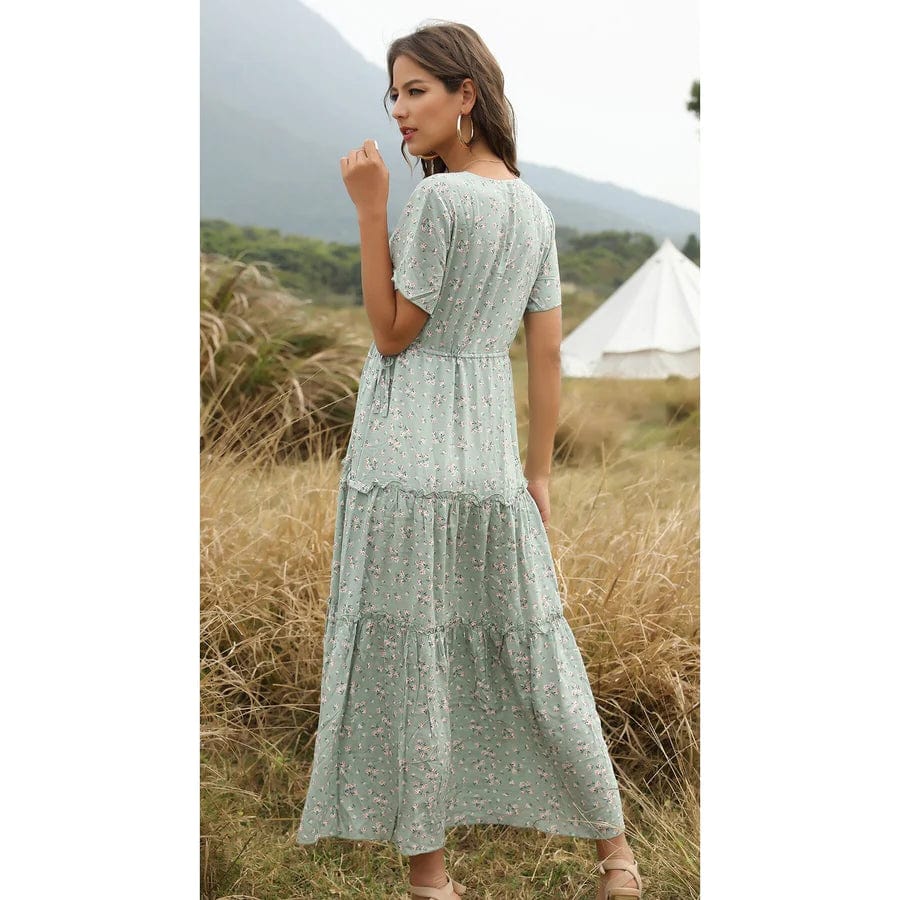 Robe bohème verte vintage à col en V Ibiza Vibe