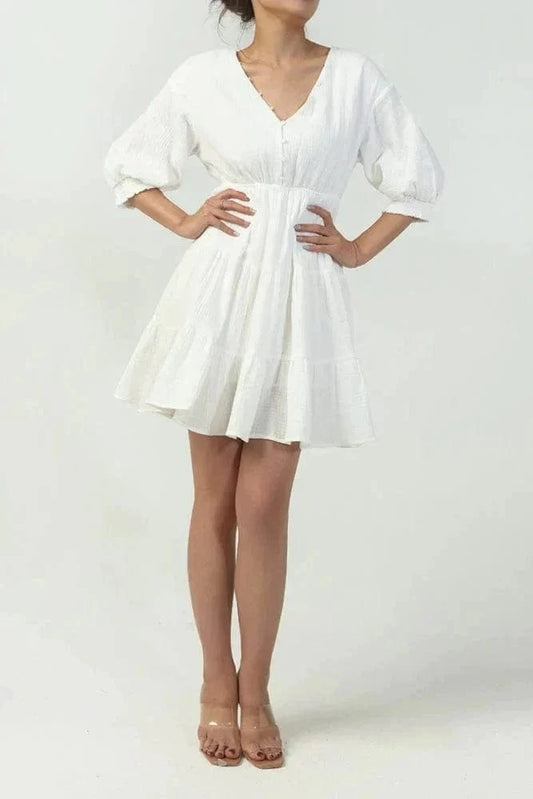 Robe courte blanche bohème à col en V Ibiza Vibe