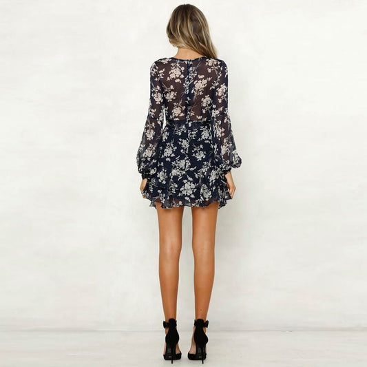 Robe courte bleu foncé à imprimé floral Ibiza Vibe