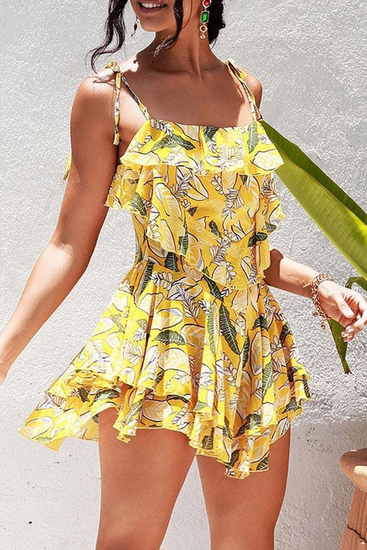 Robe courte jaune bohème à imprimé Ibiza Vibe