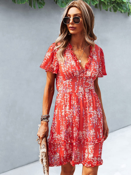 Robe d'été bohème rouge et aérée à imprimé floral Ibiza Vibe