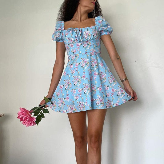 Robe d'été courte bleue à imprimé floral Ibiza Vibe