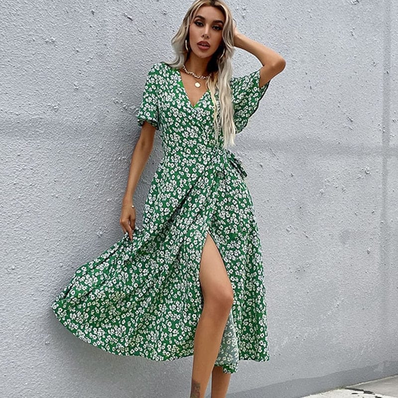 Robe d'été mi-longue verte à col en V Ibiza Vibe