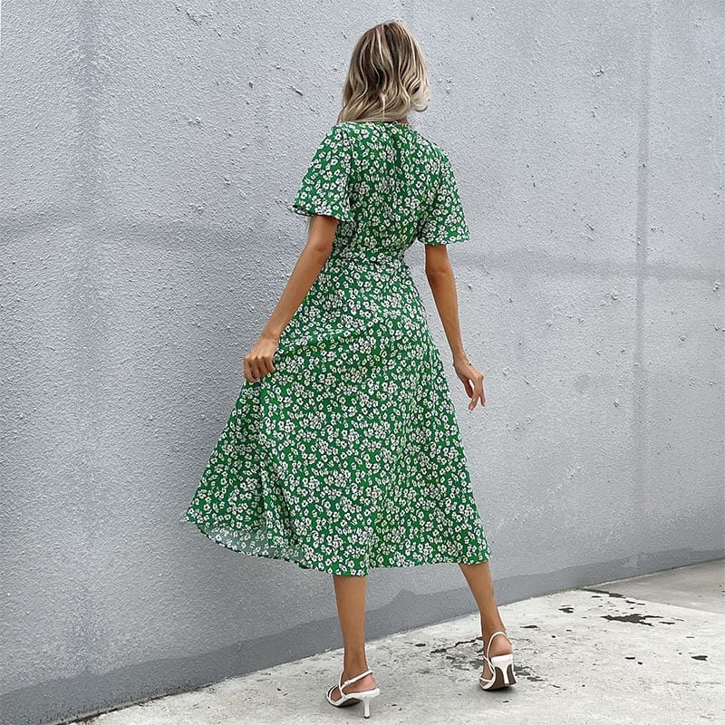 Robe d'été mi-longue verte à col en V Ibiza Vibe