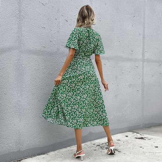 Robe d'été mi-longue verte à col en V Ibiza Vibe